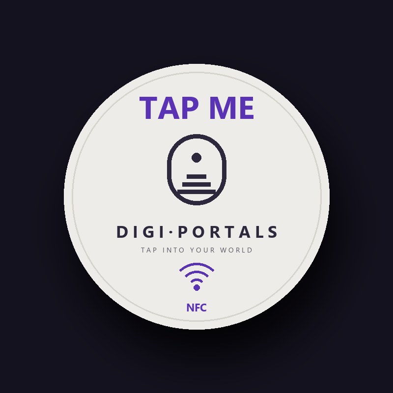 DigiPortals round NFC badge that reads Tap Me