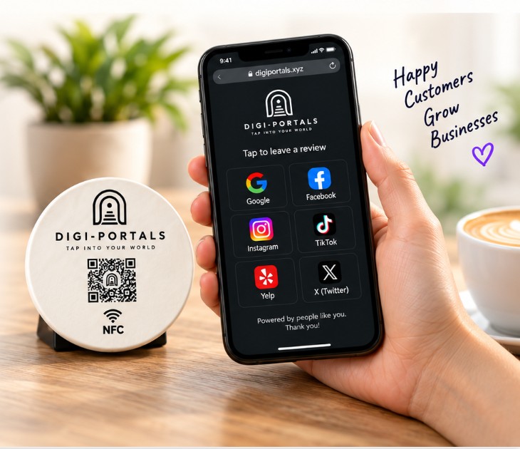 Customer holding a phone that just tapped a DigiPortals Shield on a counter stand, showing the review page