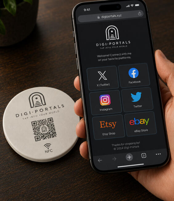 DigiPortals NFC coaster next to a phone showing a personalized links page